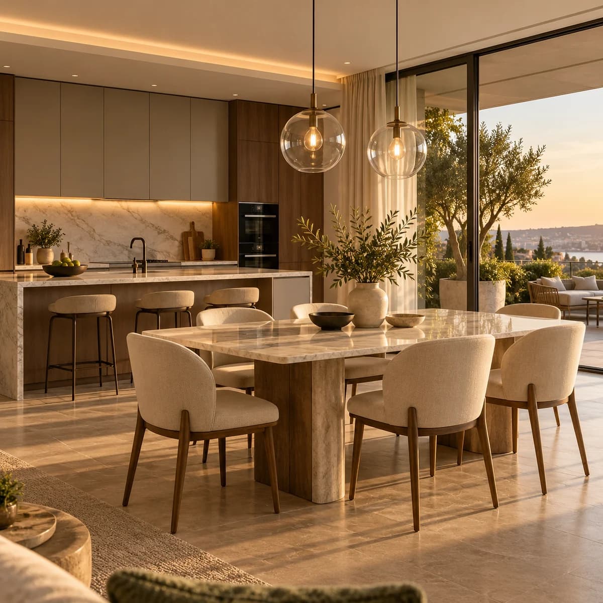Jasna kuchnia z wyspą i jadalnią w apartamencie