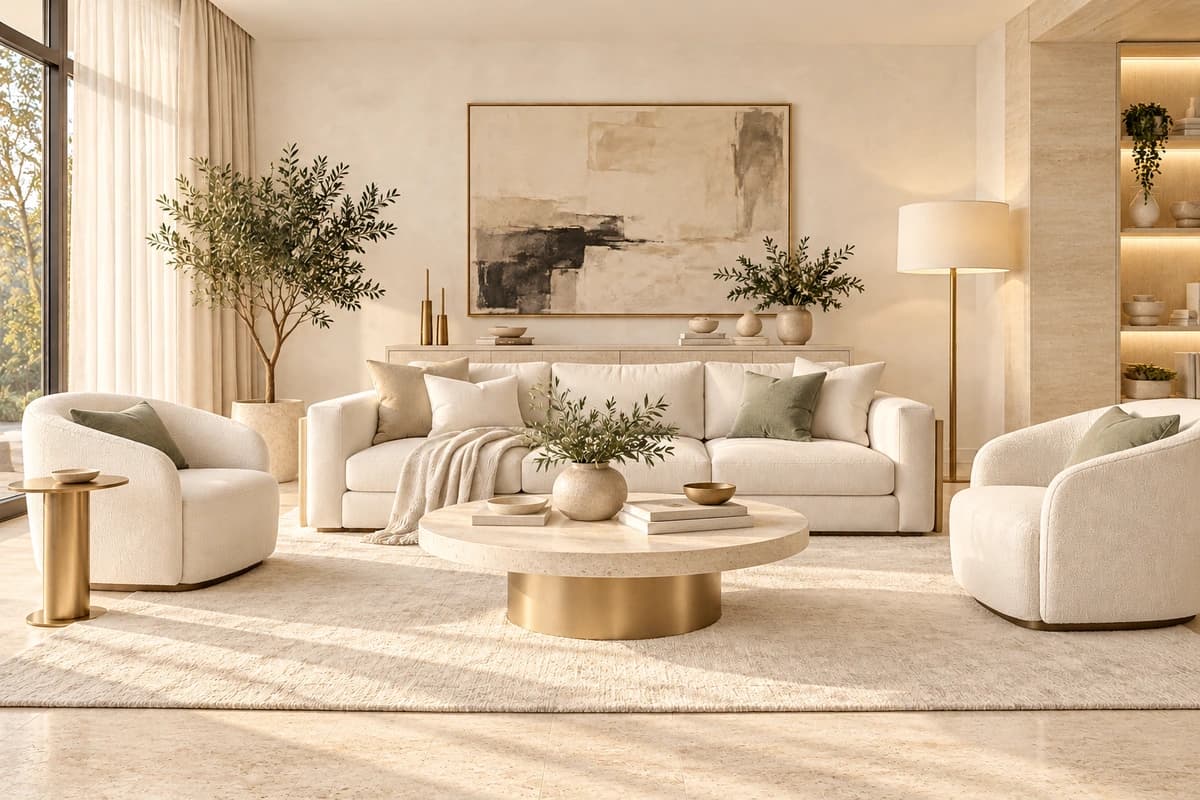 Salon w pakiecie Travertine Light: jasny trawertyn, biel kamienna, złoty mat
