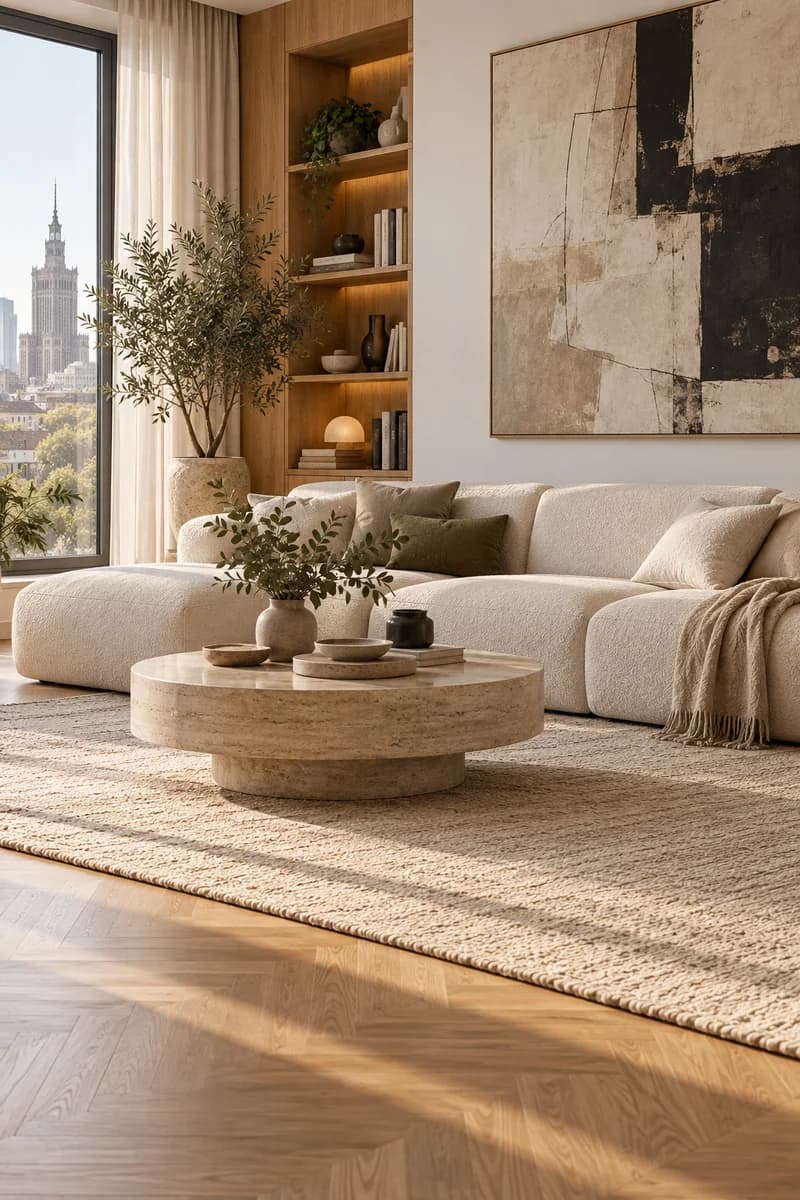 Kremowa sofa i stolik z trawertynu w salonie apartamentu w Warszawie