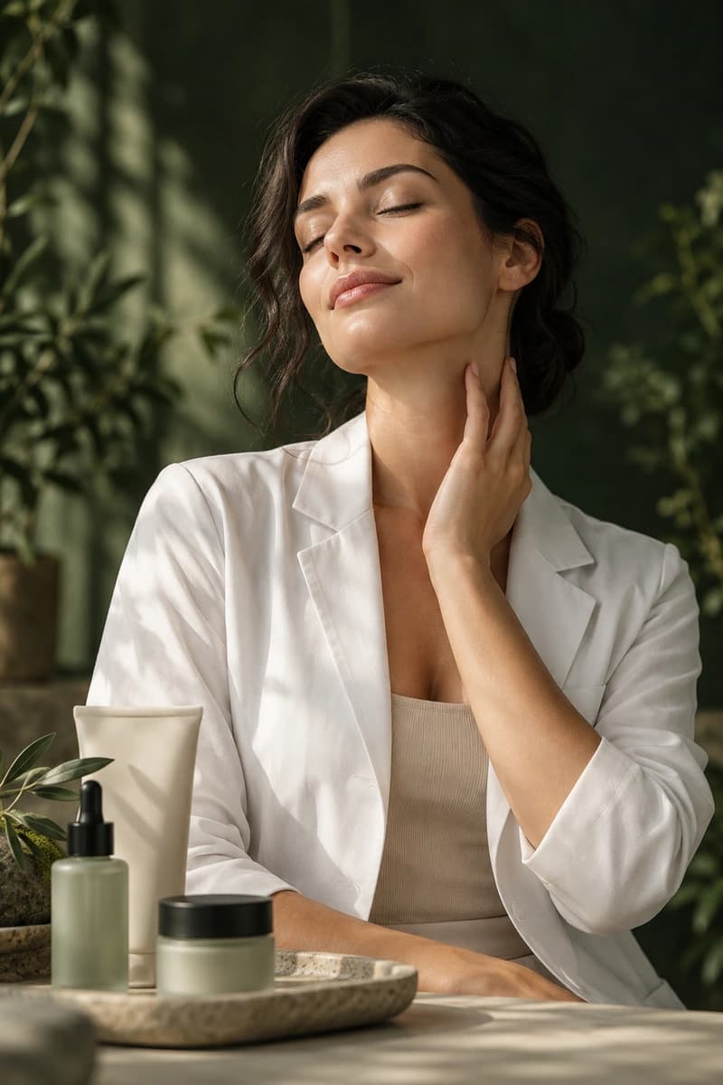 Dr Anna Wiśniewska, dermatolog, dotyka szyi i uśmiecha się z zamkniętymi oczami
