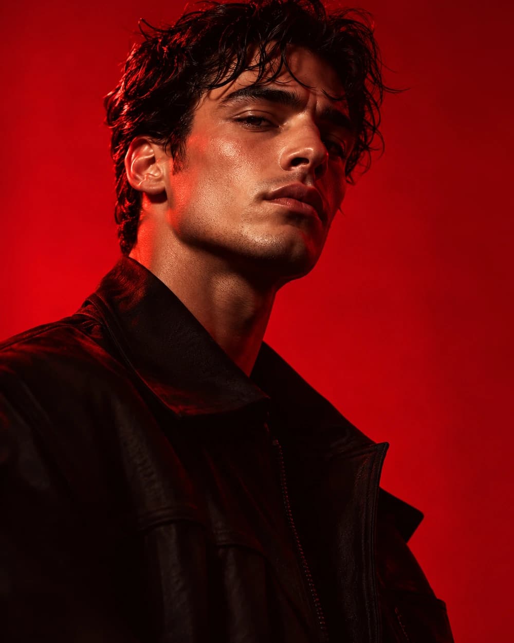 Portret mężczyzny w ciemnej kurtce na czerwonym tle