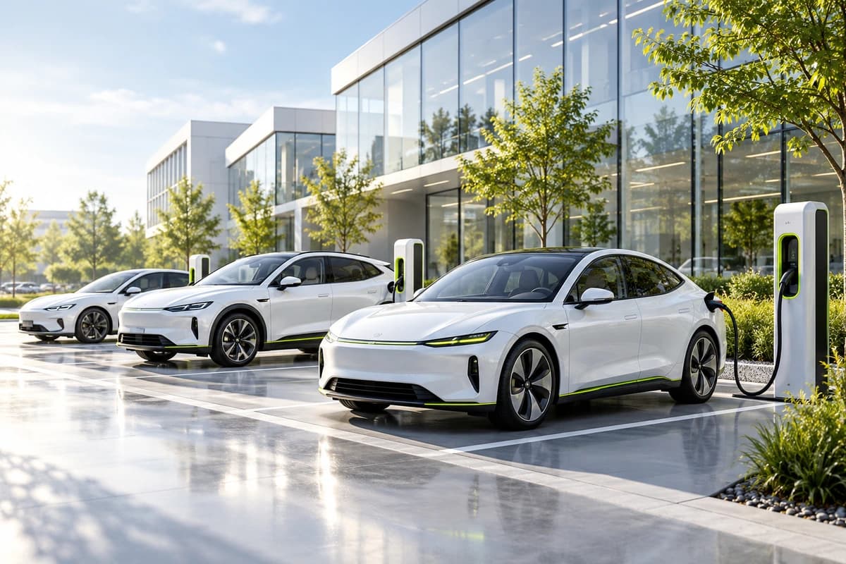 Flota białych samochodów elektrycznych VOLTA zaparkowana pod biurowcem