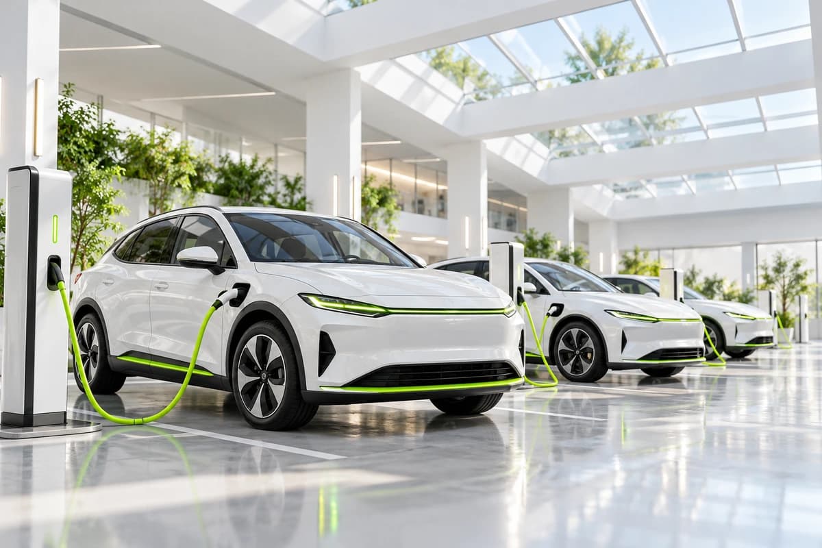 Hala bazy VOLTA z rzędem białych aut elektrycznych przy ładowarkach