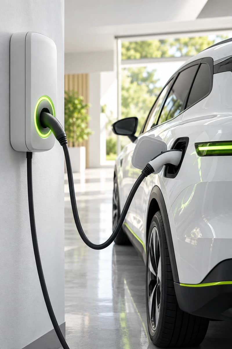 Biała ładowarka domowa podłączona do samochodu elektrycznego